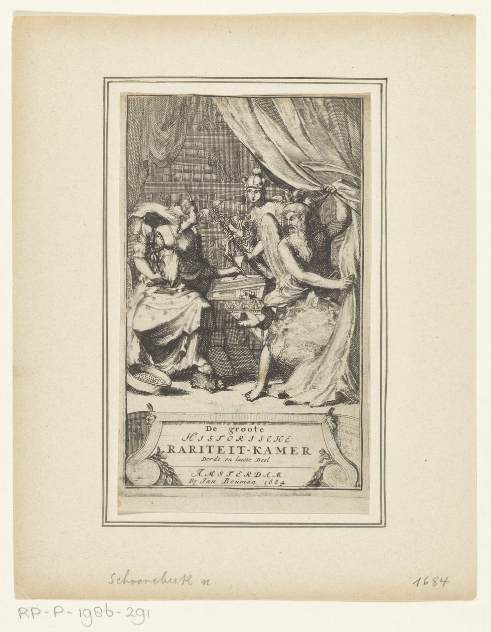 Allegorisk representasjon med Faderens Tid, Merkur og Visdom The Great Historical Room of Curiosity, tredje og siste bind (tittel på objekt) Tittelside for: Simon de Vries, The noblest time discount of the knowledgeable minds, or The great historical rar av Adriaen Schoonebeek