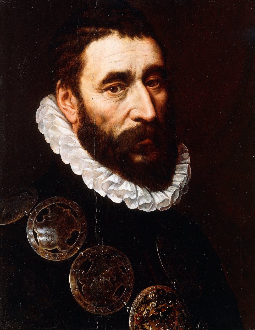 Portrett av en skjeggete mann, i bystelengde, iført kløfter, av Adriaen Thomasz Key