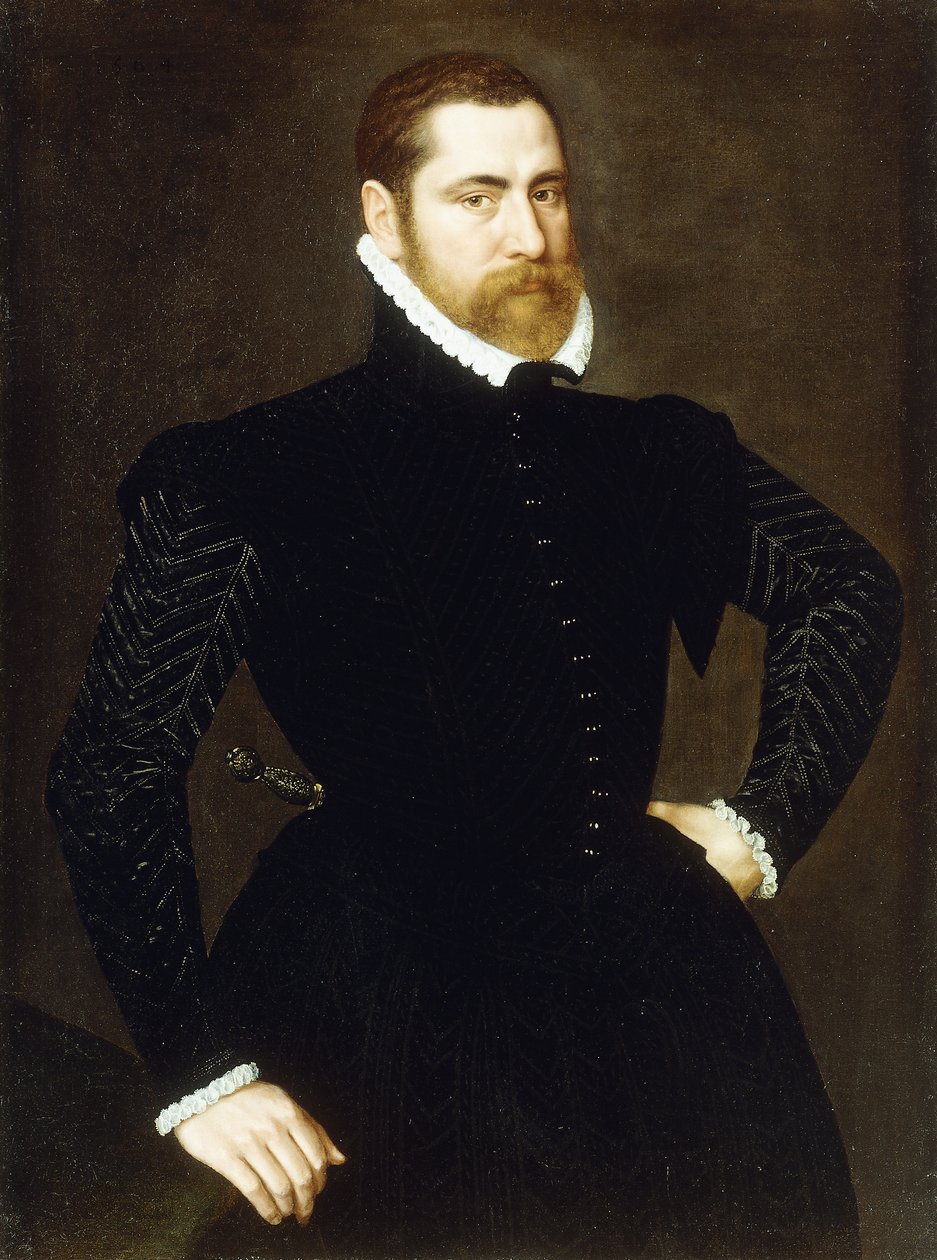 Portrett av en gentleman, trekvart lengde, iført et svart kostyme med hvit ruff, 1564 av Adriaen Thomasz Key
