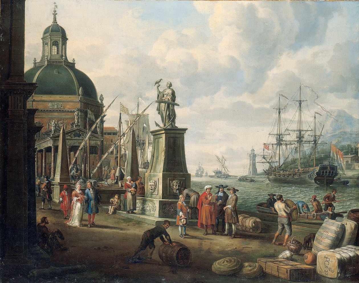 En capriccio av en middelhavshavn med kjøpmenn, et elegant par på bryggekanten, før en statue av håp og en barokkkirke, et fyrtårn, en nederlandsk krigsmann og annen skipsfart utover, 1700 av Adriaen Verdoel