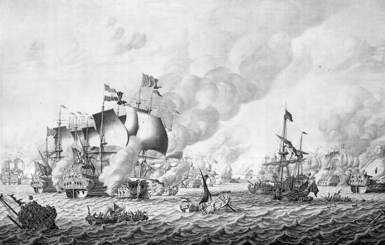 Slaget ved La Hogue (Barfleur), 19.–24. mai 1692 (grisaille på panel) av Adriaen van Salm
