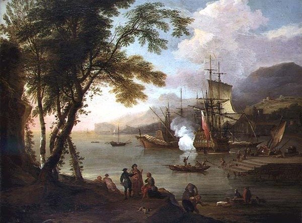 En capriccio av en middelhavshavn med skipsfart, kjøpmenn og havnearbeidere av Adriaen van Diest