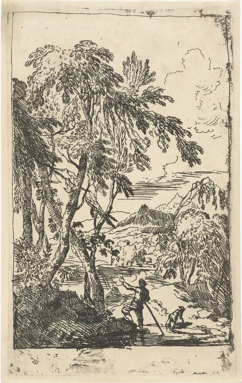 Fjelllandskap med trær og mann med hund av Adriaen van Diest