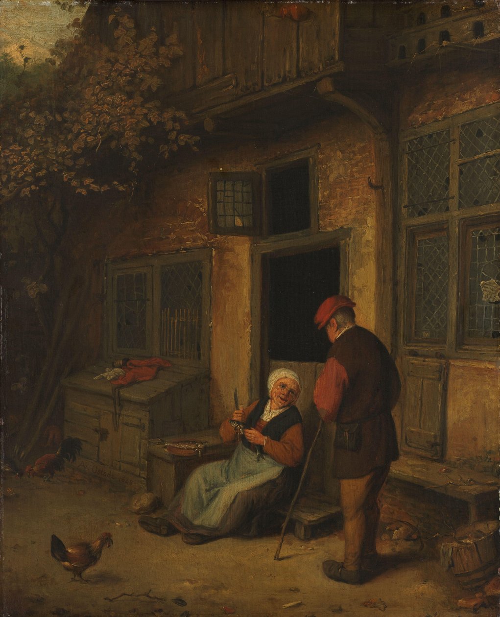 En kvinne som sløyer sild foran huset sitt av Adriaen van Ostade (copy after)