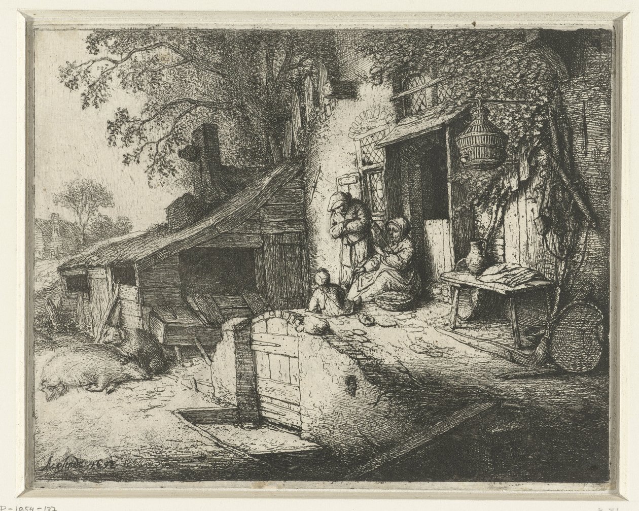 Spinnende kvinne foran et hus Den snurrende kvinnen ved døren av Adriaen van Ostade (signed by artist)