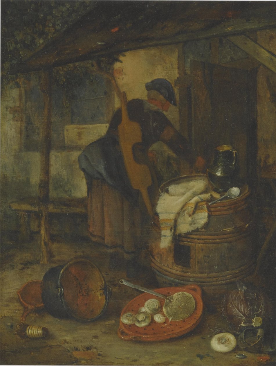 En hushjelp ved en dør med et fat og grønnsaker av Adriaen Jansz. van Ostade