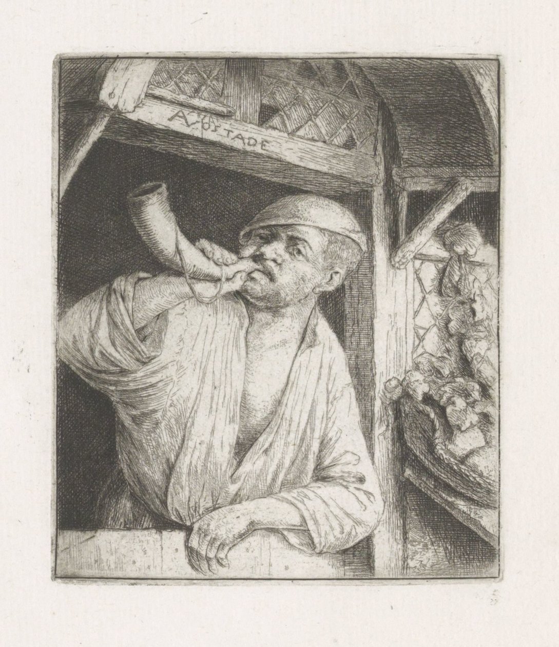Bakker blåser i et horn i en døråpning av Adriaen van Ostade