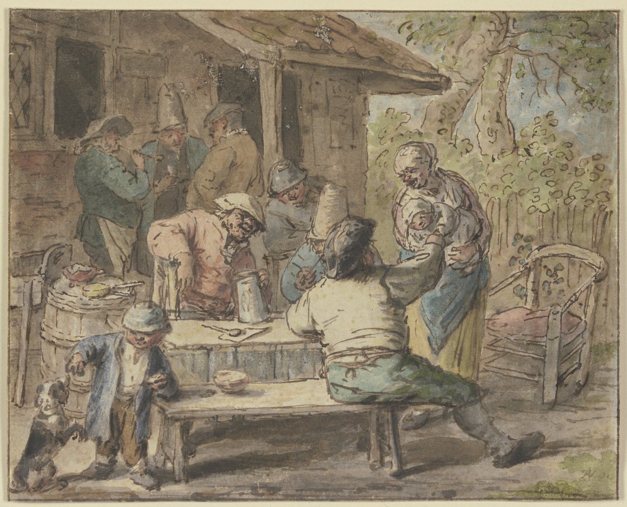 Bønder med barn foran et hus av Adriaen van Ostade