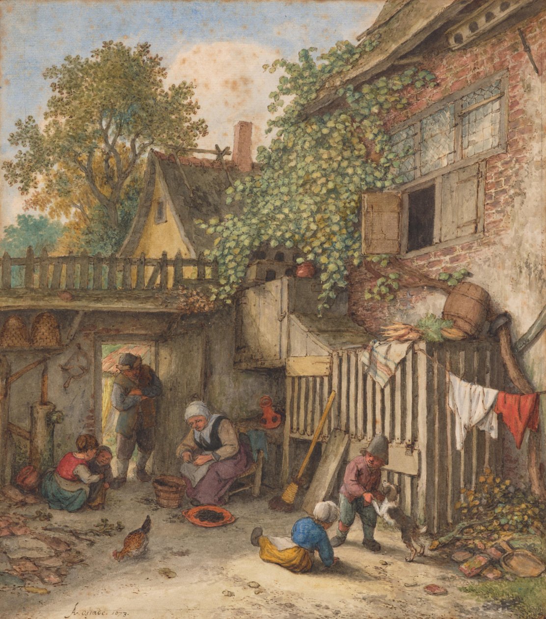En gårdsplass med en kvinne som renser blåskjell av Adriaen van Ostade