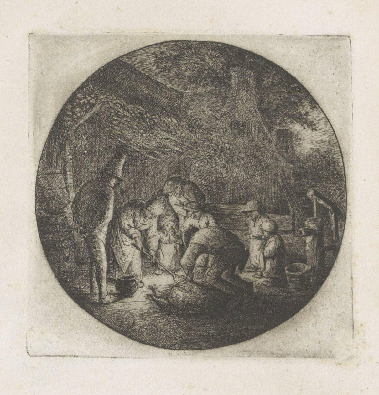 Bondefamilie ved slakting av en gris av Adriaen van Ostade