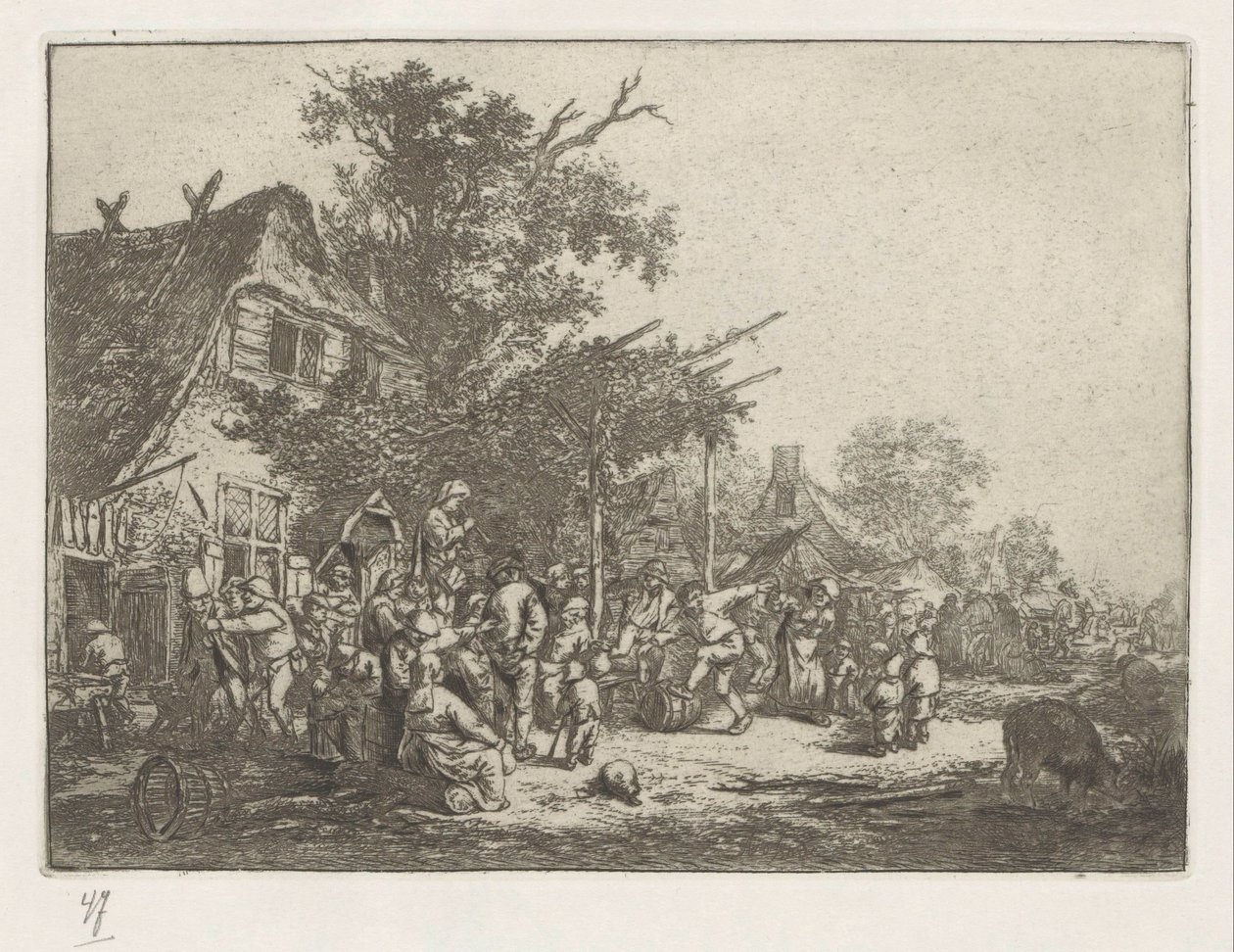 Dansende bønder foran et vertshus av Adriaen van Ostade