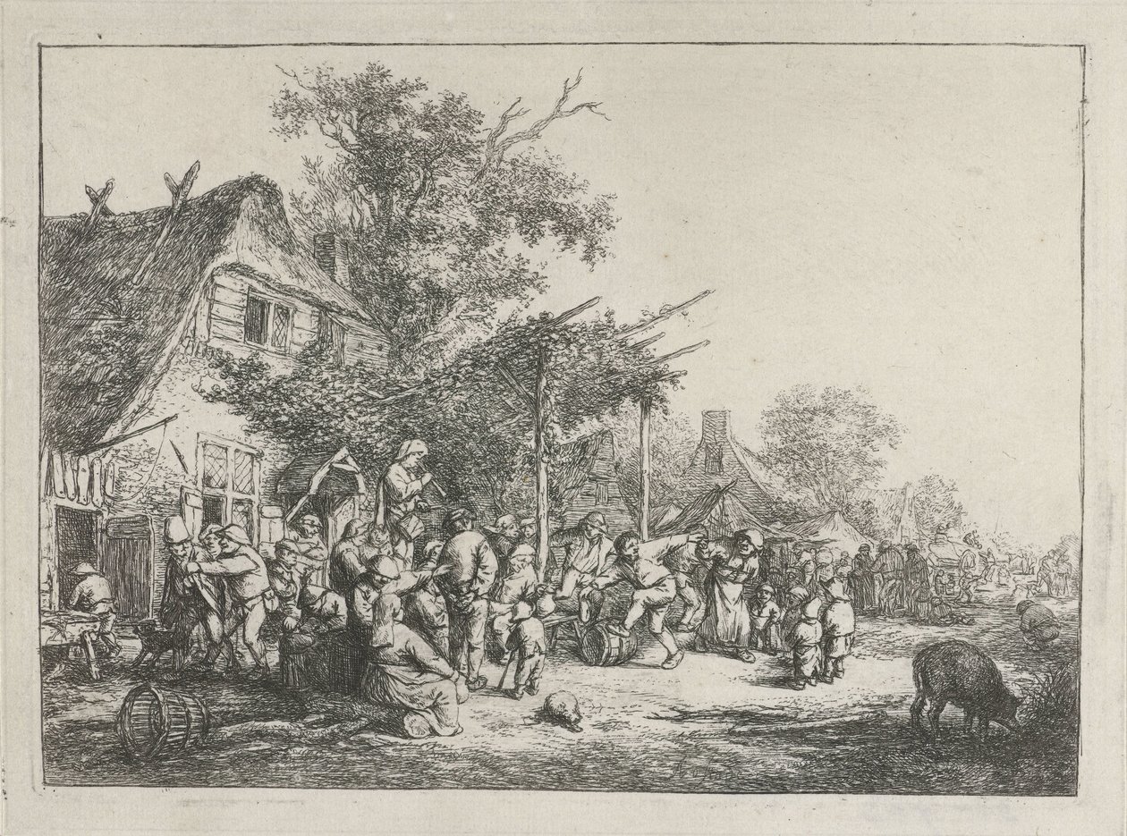Dansende bønder foran et vertshus av Adriaen van Ostade
