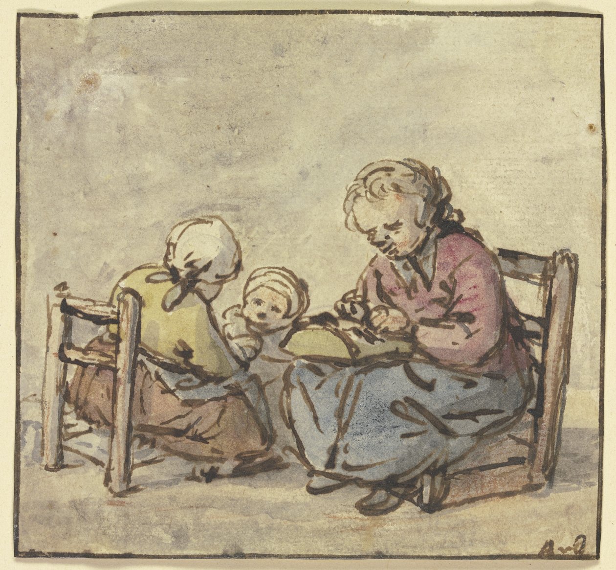 Tre jenter, den eldste knipler blonder av Adriaen van Ostade
