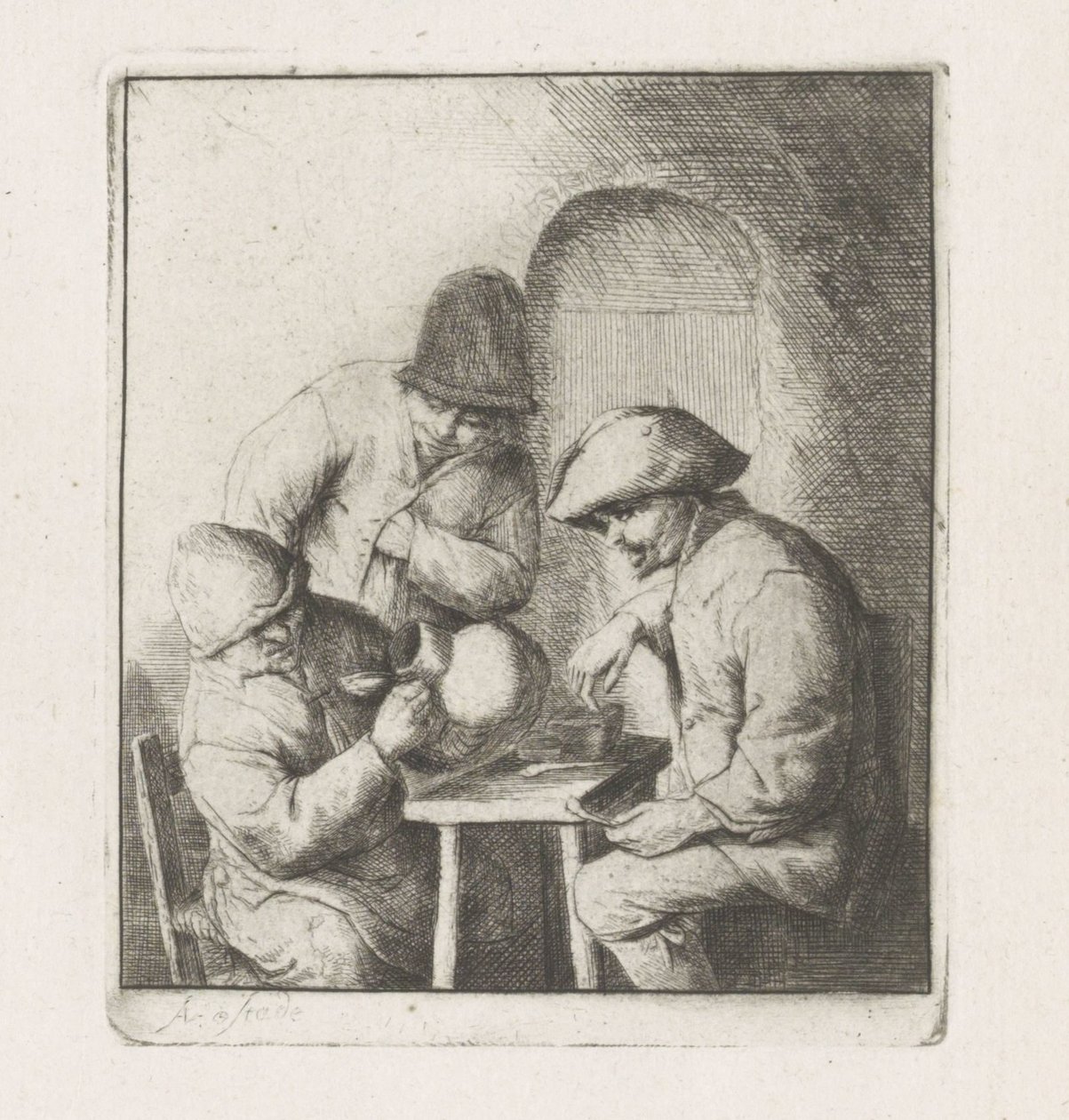 Tre menn med en tom mugge av Adriaen van Ostade