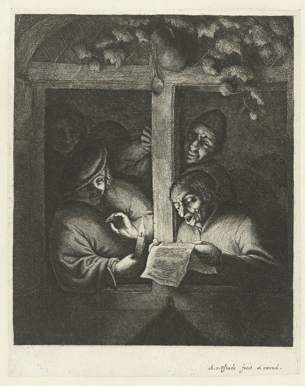 Tre menn synger fra et ark med levende lys i et åpent vindu De retorikere av Adriaen van Ostade