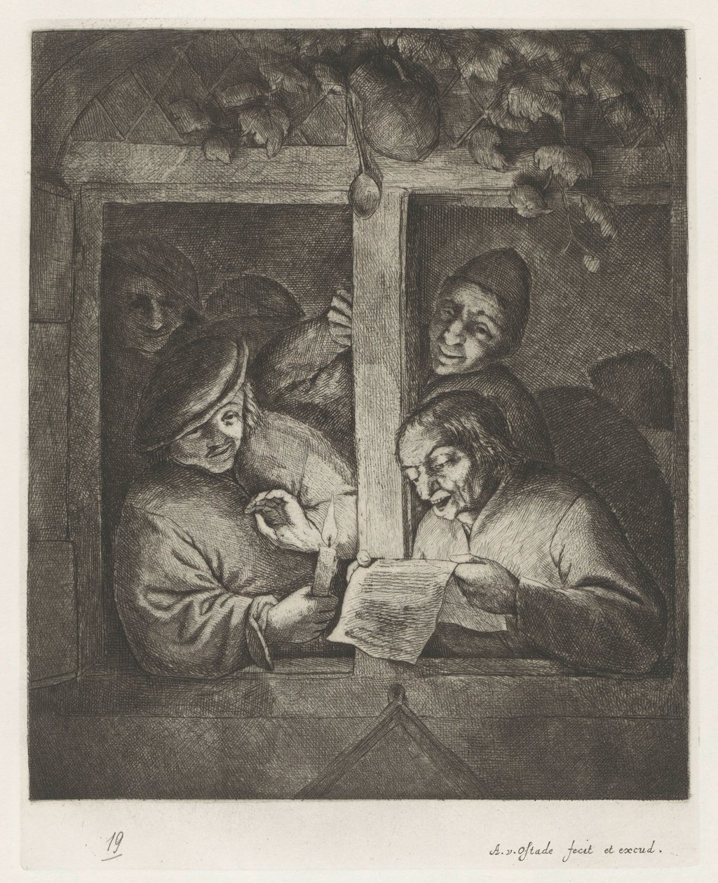 Tre menn synger fra et ark ved levende lys i et åpent vindu av Adriaen van Ostade