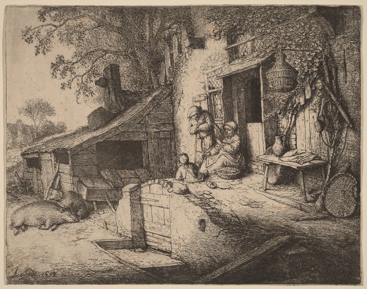 Gård med en bondefamilie utenfor inngangsdøren, kvinnen spinner av Adriaen van Ostade