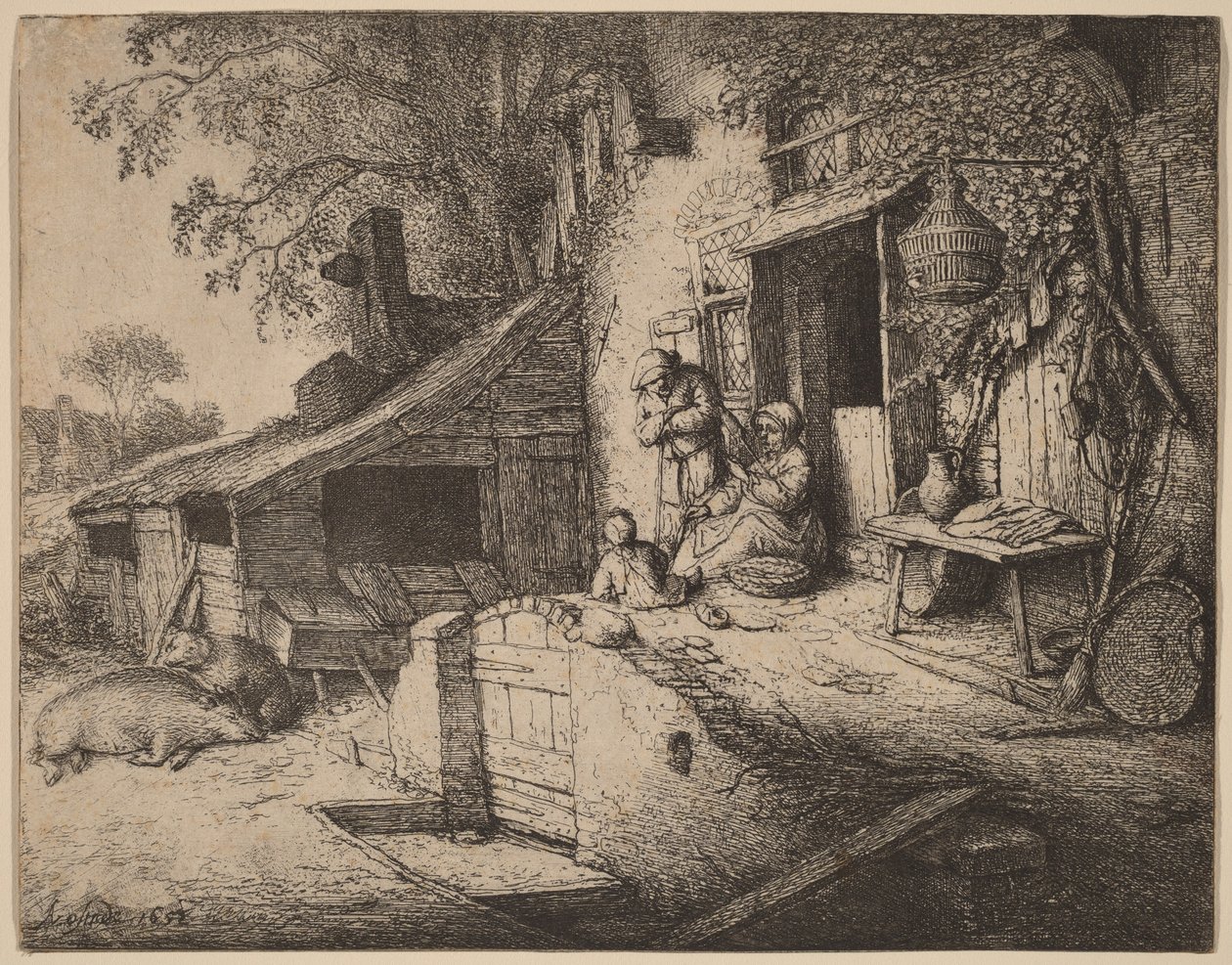 Gård med en bondefamilie utenfor inngangsdøren, kvinnen spinner av Adriaen van Ostade