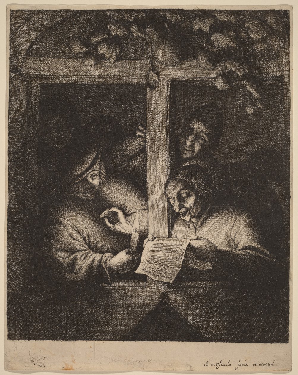 Fire menn ved et vindu, én leser fra et ark ved stearinlys av Adriaen van Ostade