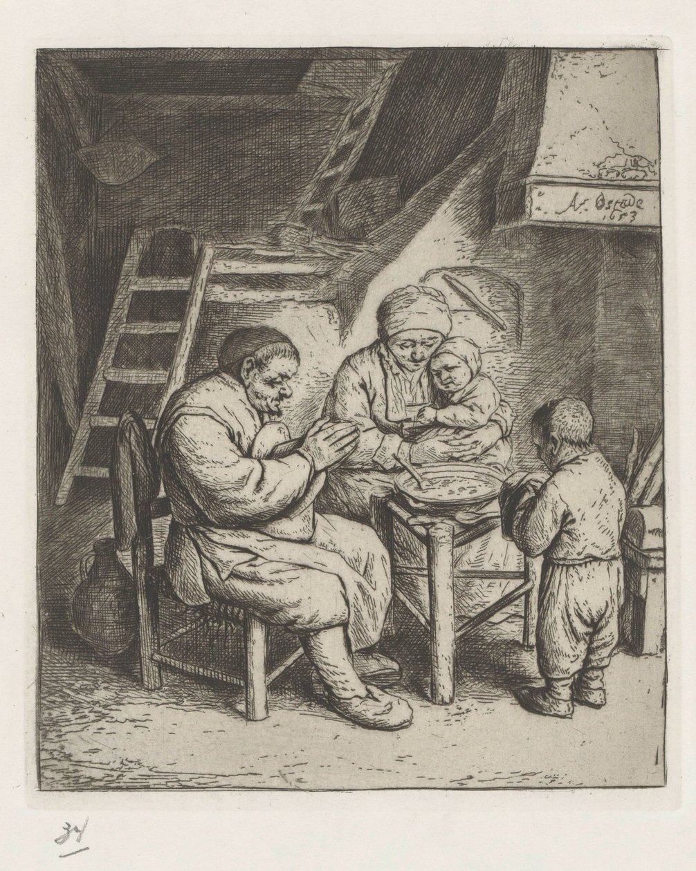 Familie ved bordet for måltidet av Adriaen van Ostade