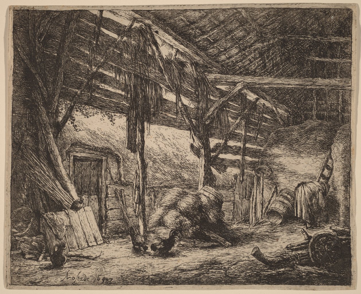 Interiør i en låve med en arbeidende bondekvinne av Adriaen van Ostade