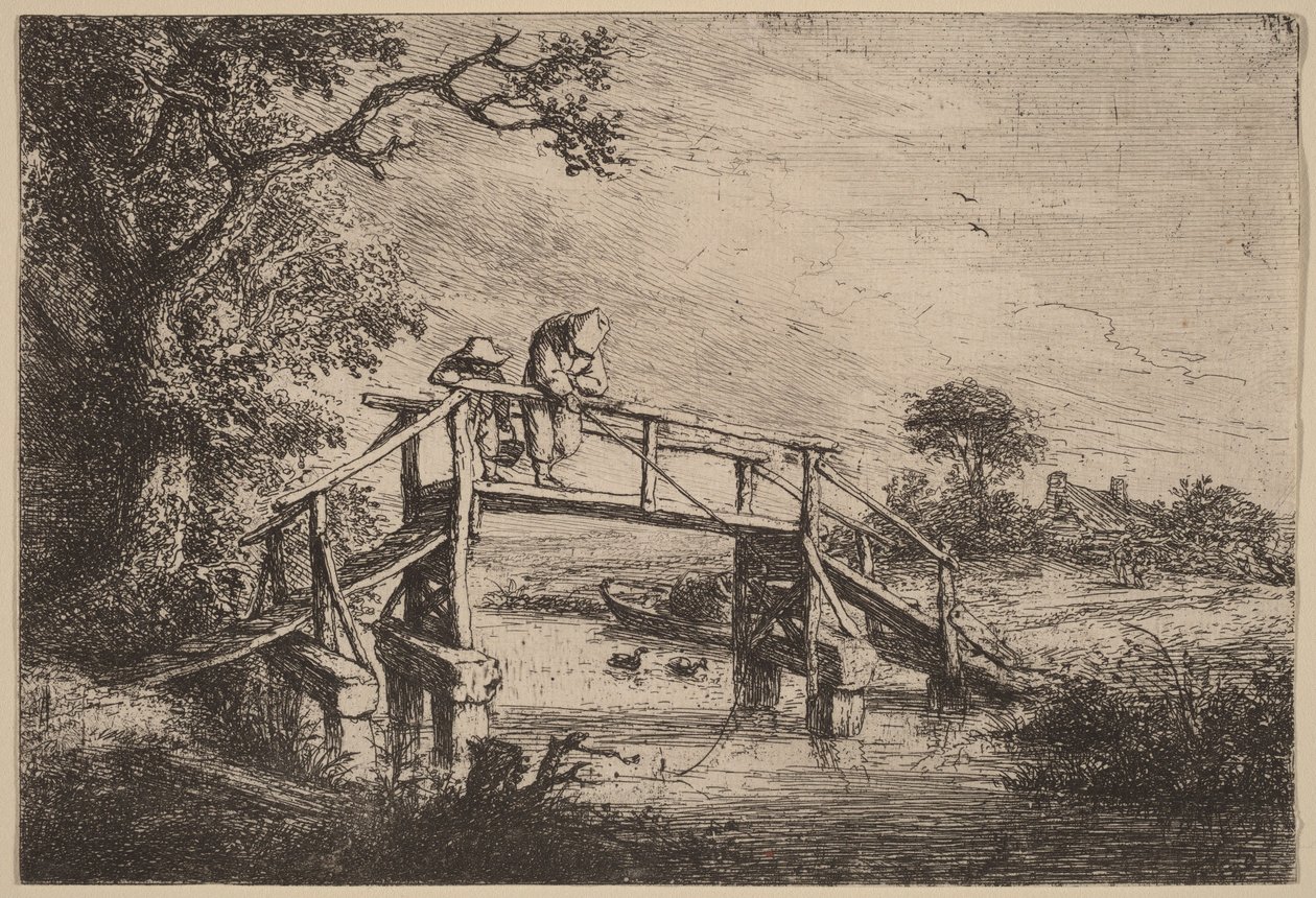 Landskap med en bro og to fiskere av Adriaen van Ostade