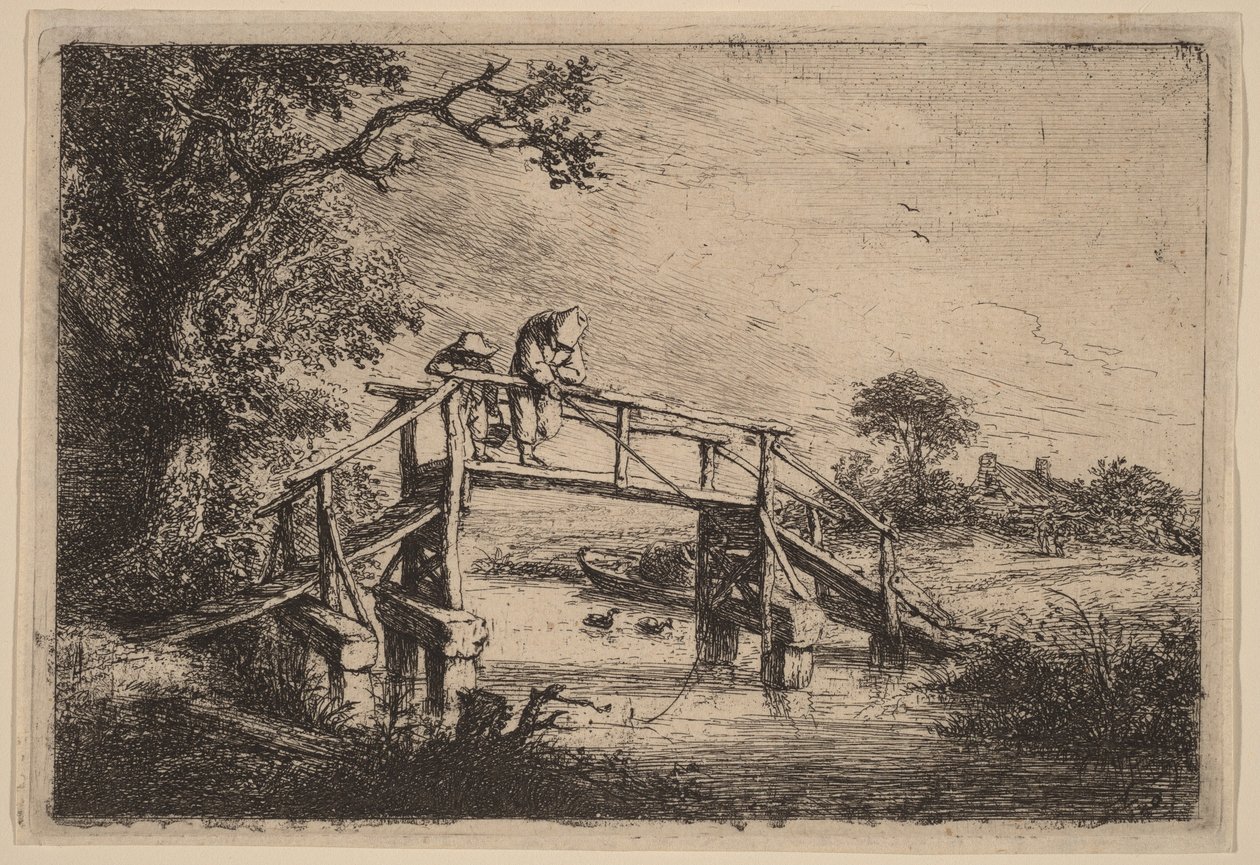 Landskap med en bro og to fiskere av Adriaen van Ostade