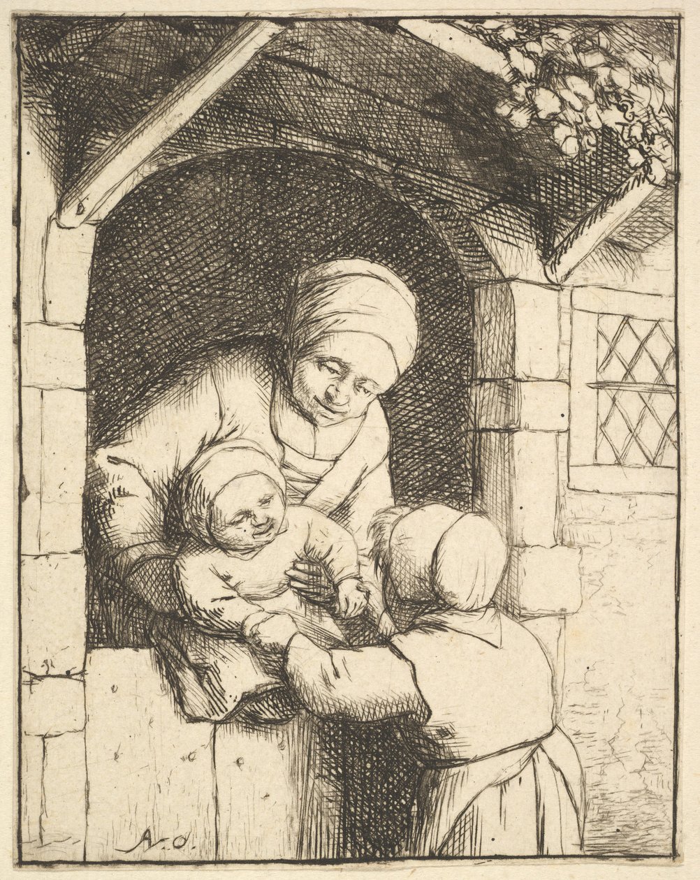 Liten jente leker med en baby i sin mors armer, 1610-85. av Adriaen van Ostade