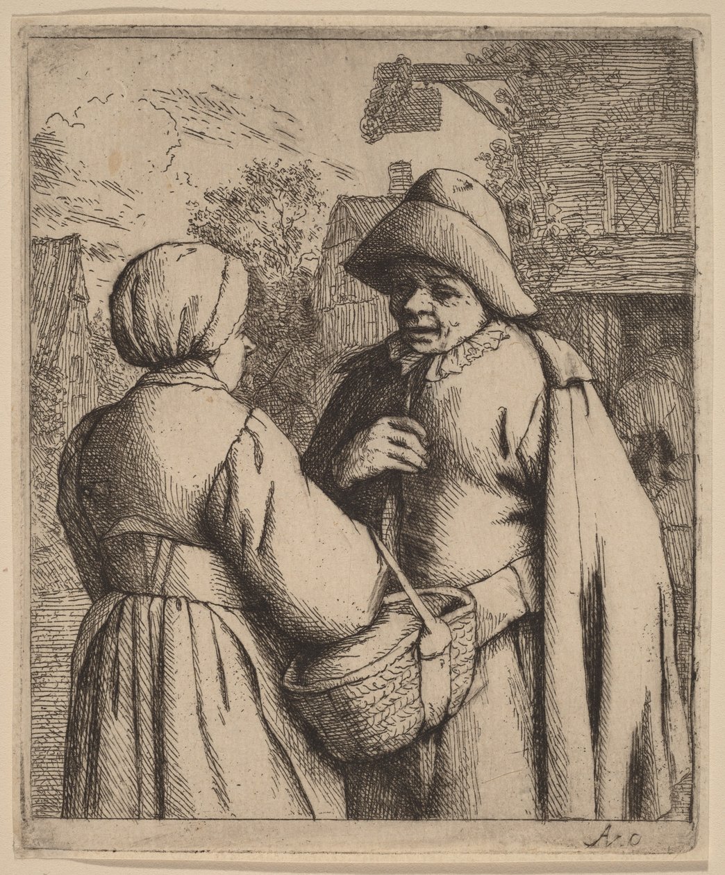 Mann og kvinne i samtale foran et vertshus av Adriaen van Ostade