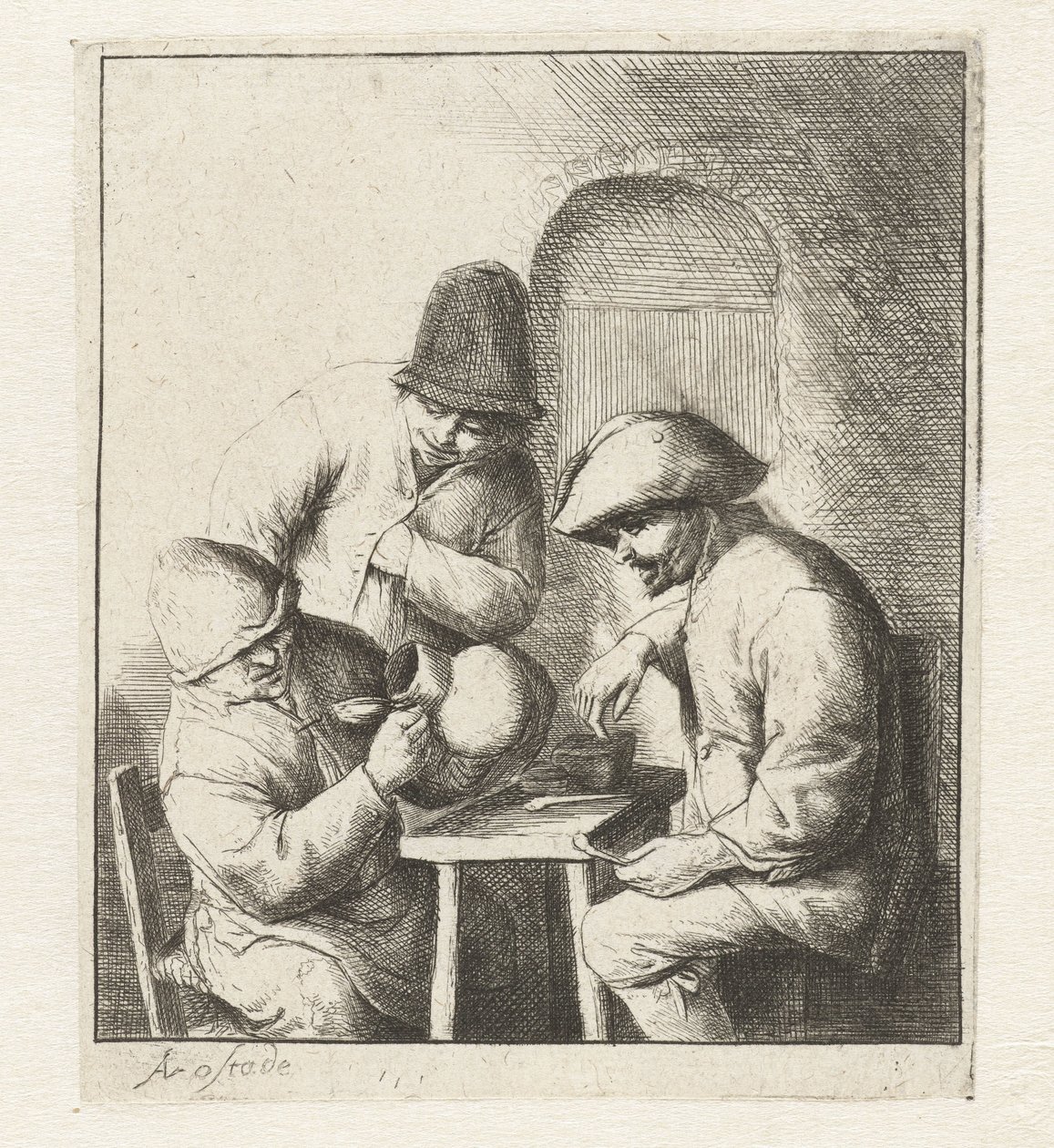 Mann ser inn i tom kanne, to menn ser på Den tomme kannen av Adriaen van Ostade