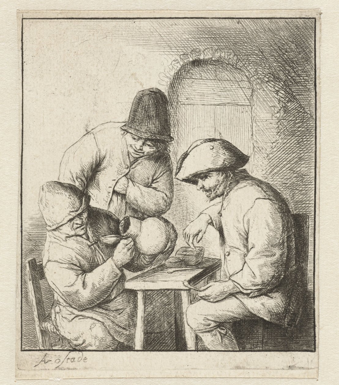 Mann ser inn i tom kanne, to menn ser på Den tomme kannen av Adriaen van Ostade