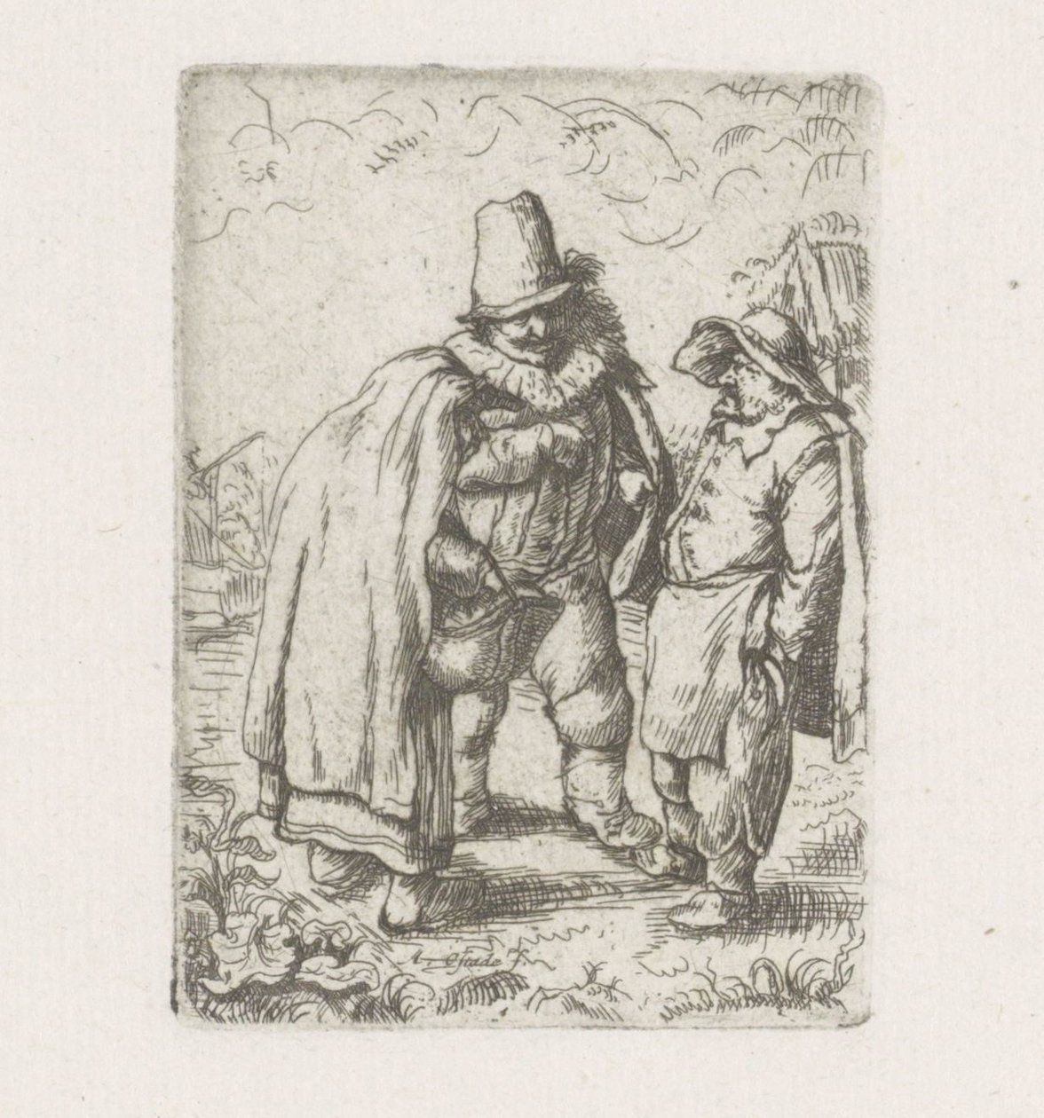 Mann med plissert krage med et bondepar av Adriaen van Ostade