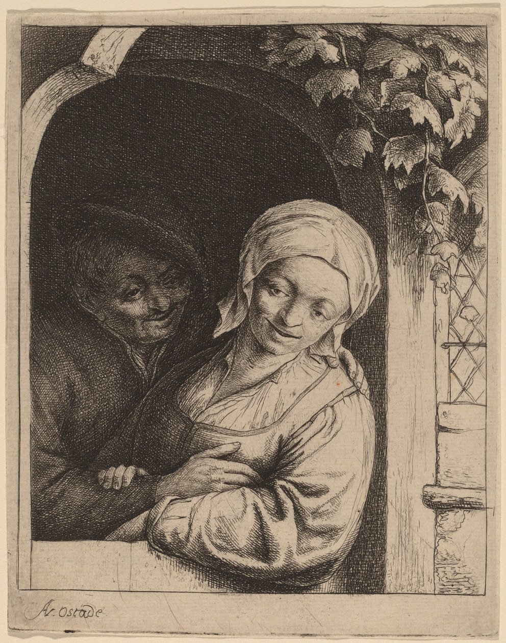 Bondepar i en døråpning (landsbyromantikk) av Adriaen van Ostade