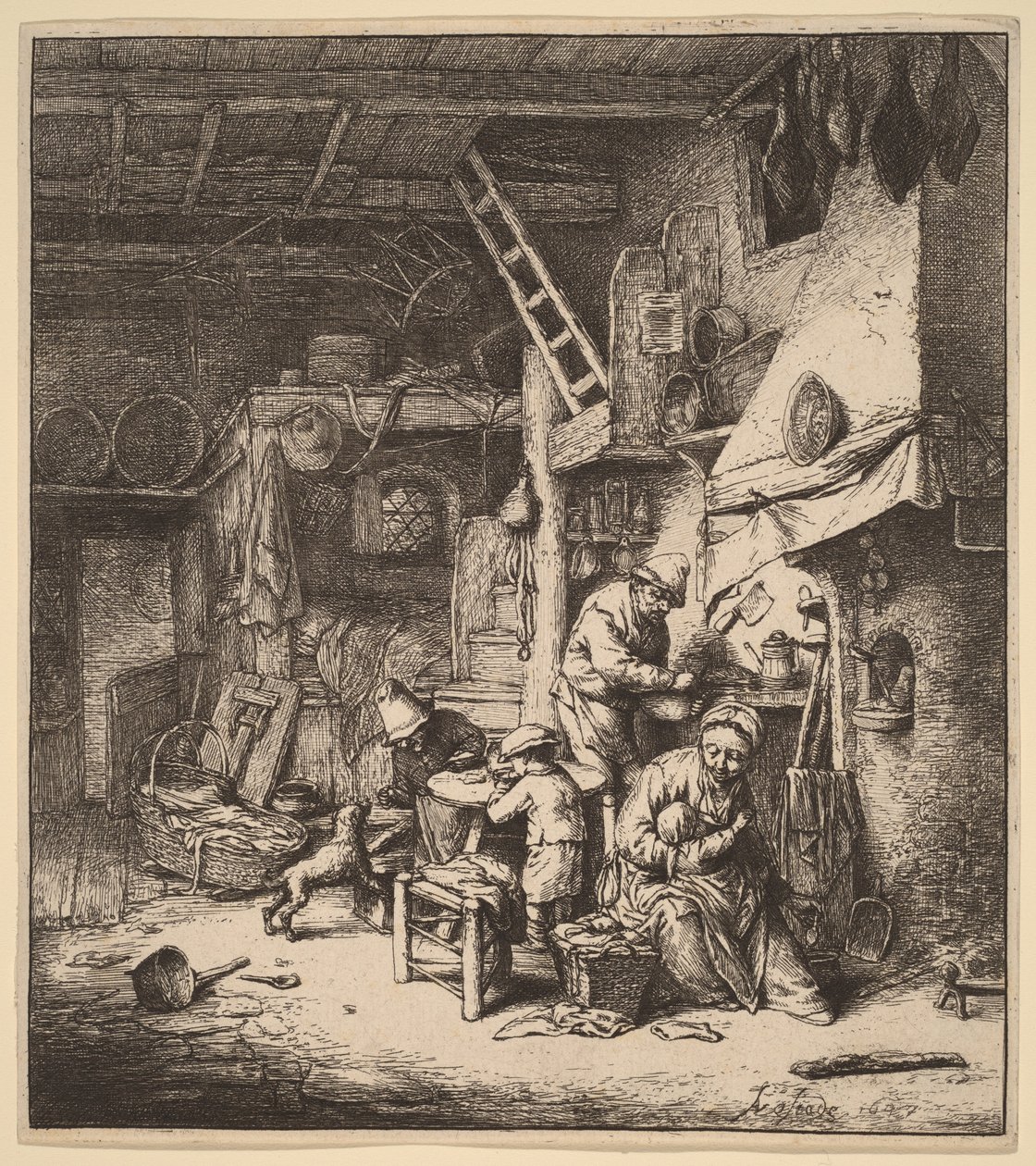 Bonde familie i et interiør med moren som mater et barn av Adriaen van Ostade