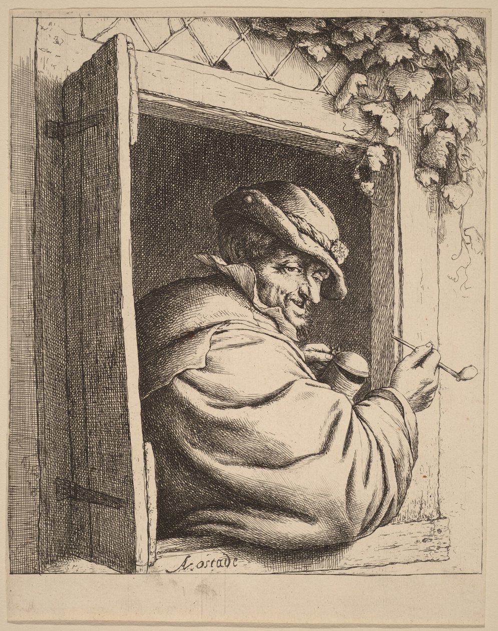 Bonde ved et vindu med en pipe og en krukke i hendene av Adriaen van Ostade
