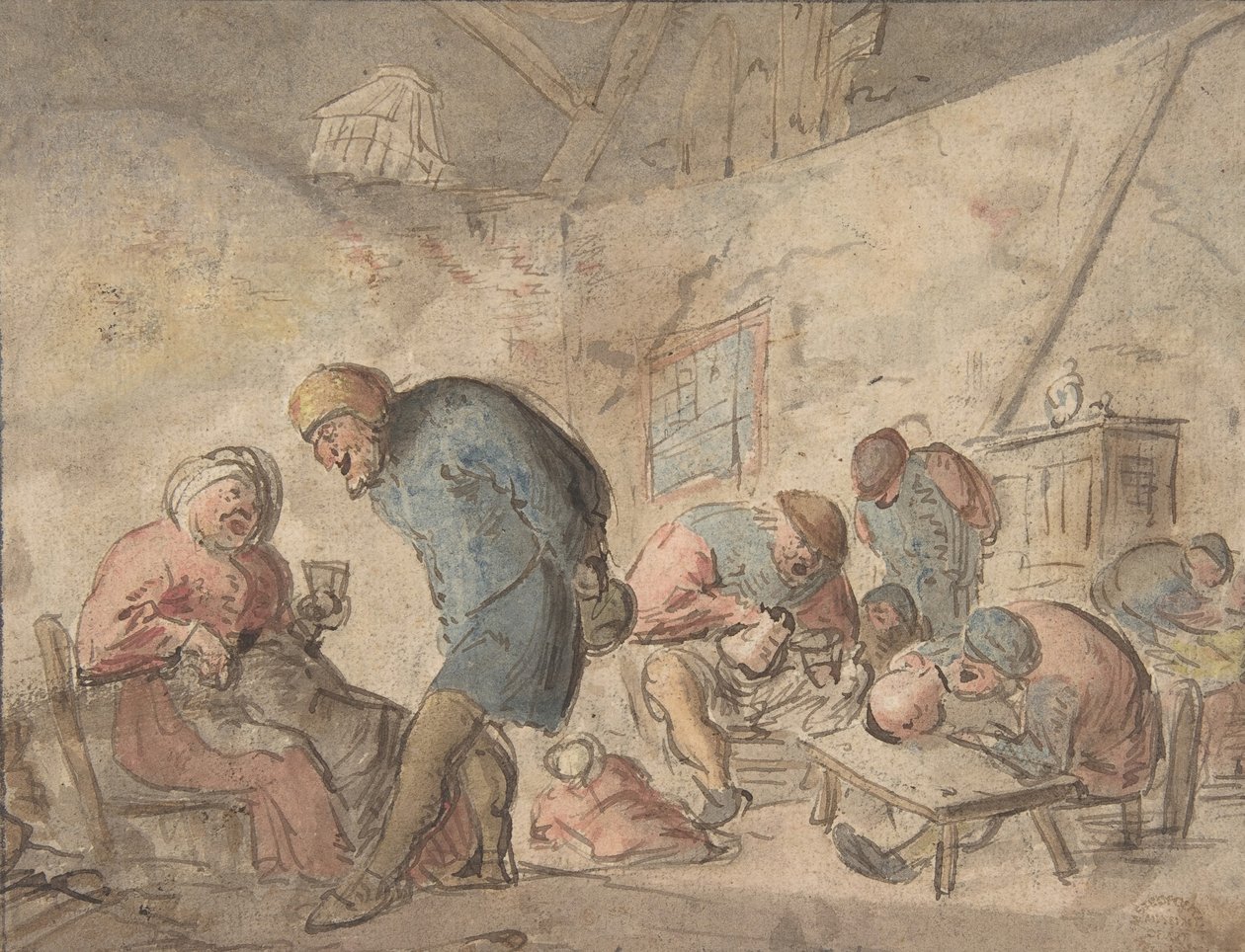 Bønderdrikking, verso: skisser av bønder, 1610-85. av Adriaen van Ostade.