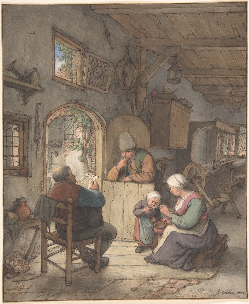 Lesing av nyhetene i vevernes hytte av Adriaen van Ostade