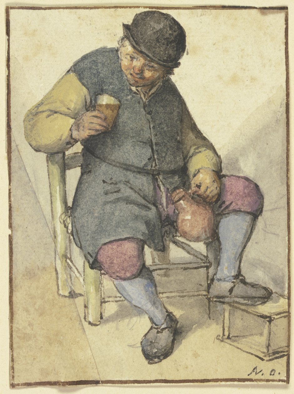Sittende bonde sett forfra, med mugge og glass av Adriaen van Ostade