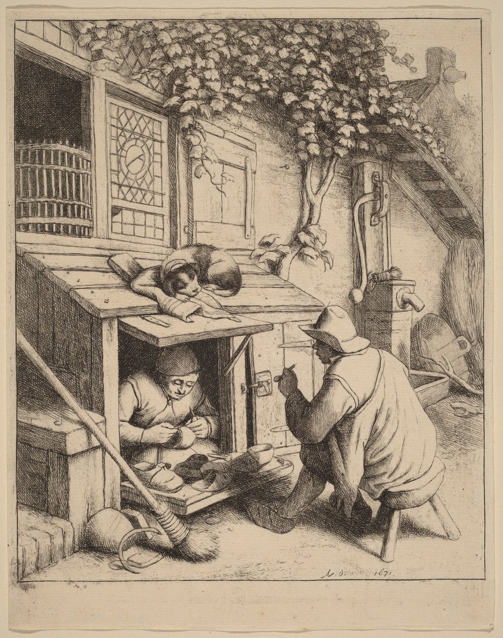 Røyker på en krakk i samtale med en arbeidende skomaker av Adriaen van Ostade