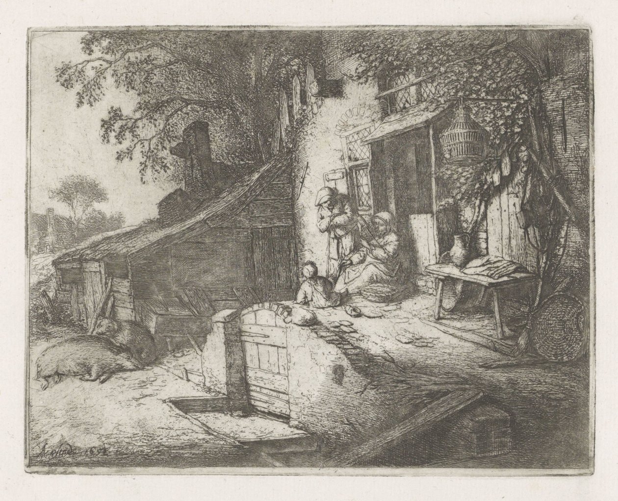 Kvinne spinner foran et hus av Adriaen van Ostade
