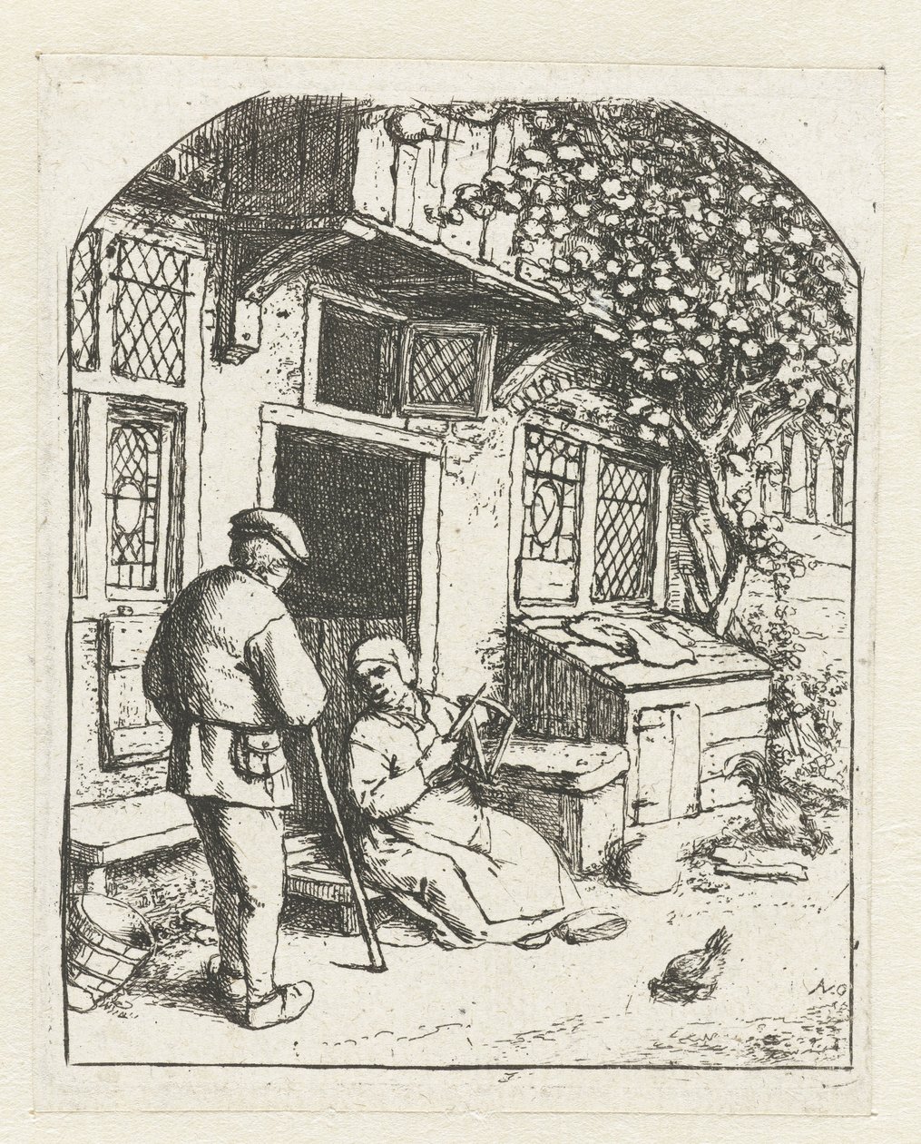 Spinster sitter på terskelen til et hus og snakker med en mann Spoleren ved døren til huset av Adriaen van Ostade