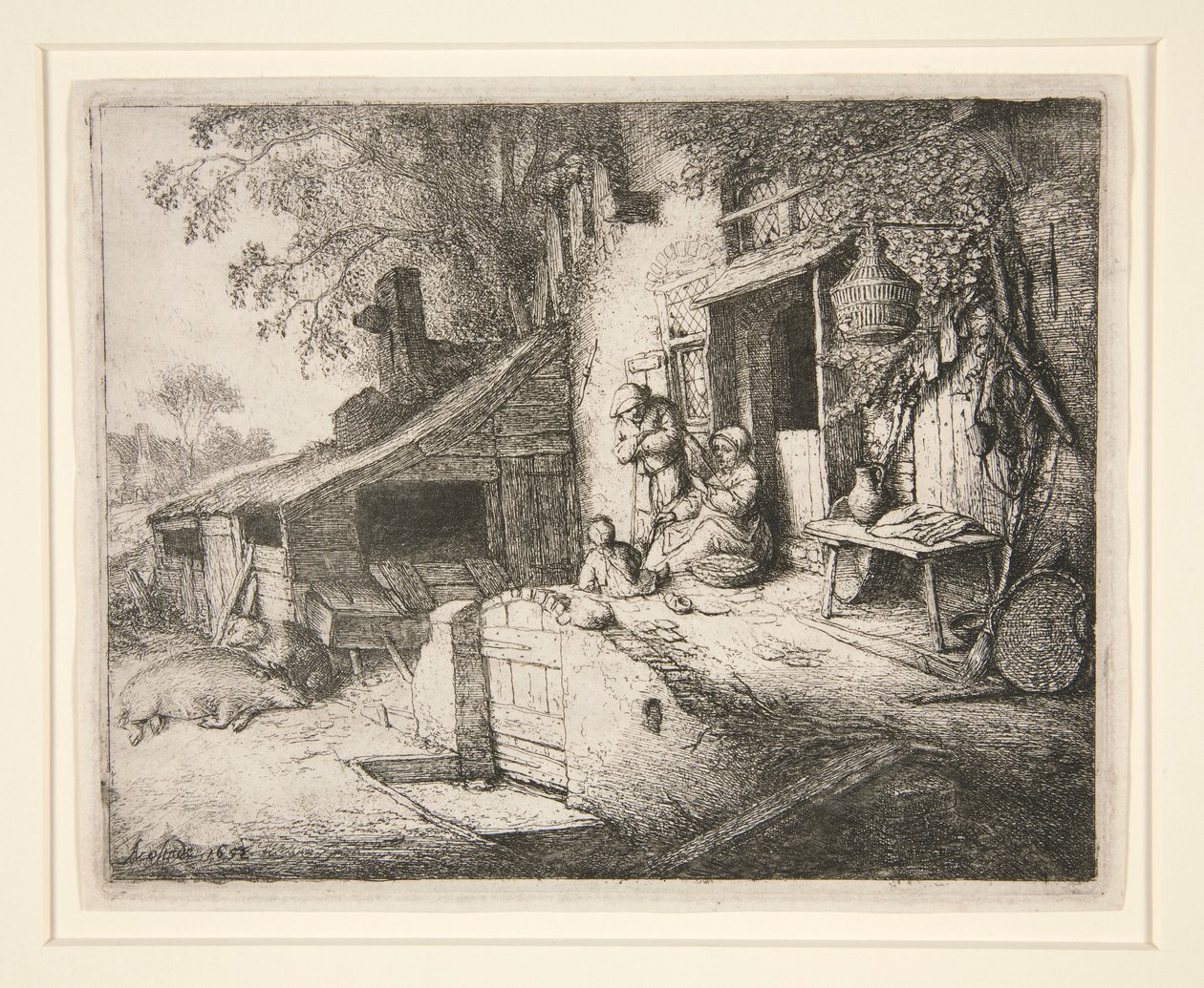Kvinne som spinner ved en hyttedør av Adriaen van Ostade