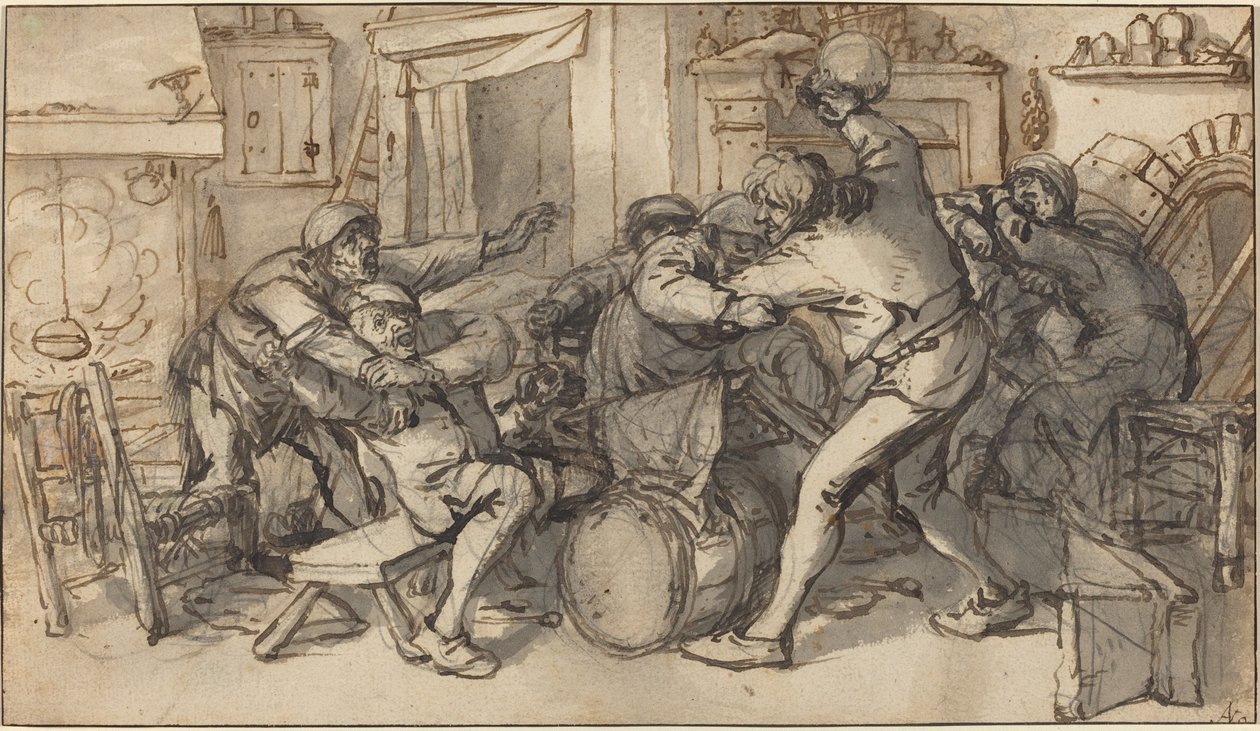 Bønder som kjemper i en taverna av Adriaen van Ostade and Cornelis Dusart