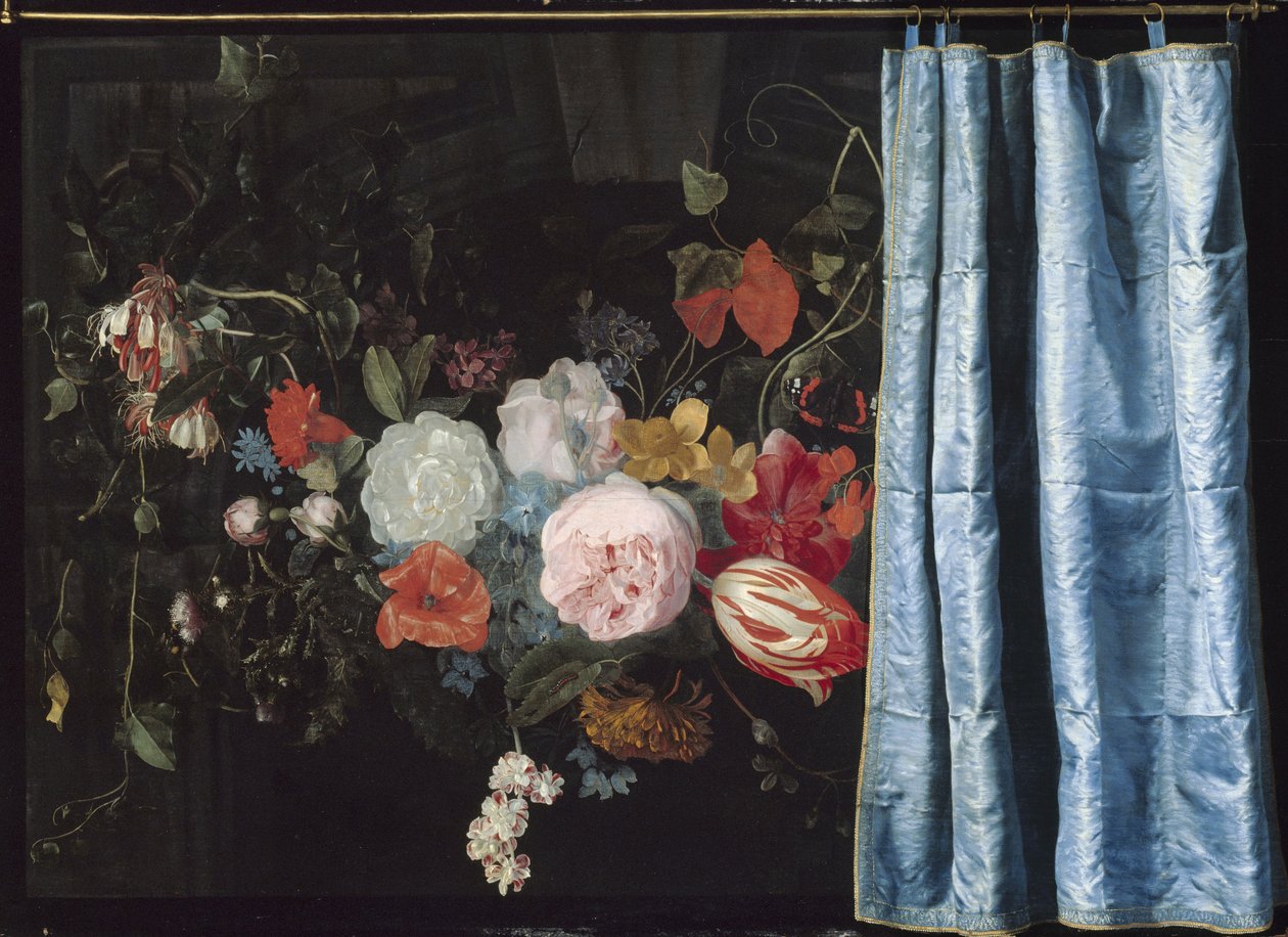 Trompe-l"Oeil stilleben med en blomsterkrans og en gardin, 1658 av Adriaen van Spelt