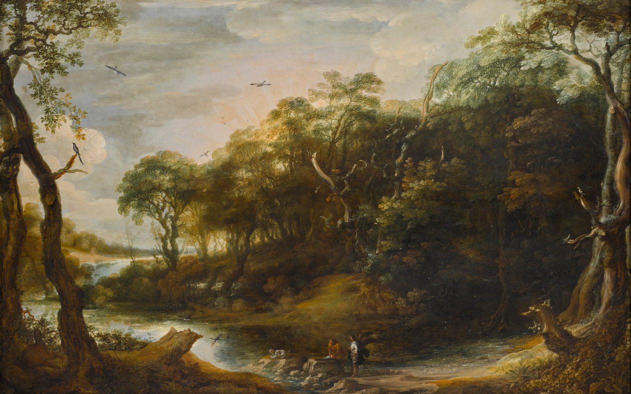 Landskap med engelen Rafael og Tobai som skjærer opp fisken (Tobit 6,1-5) av Adriaen van Stalbemt