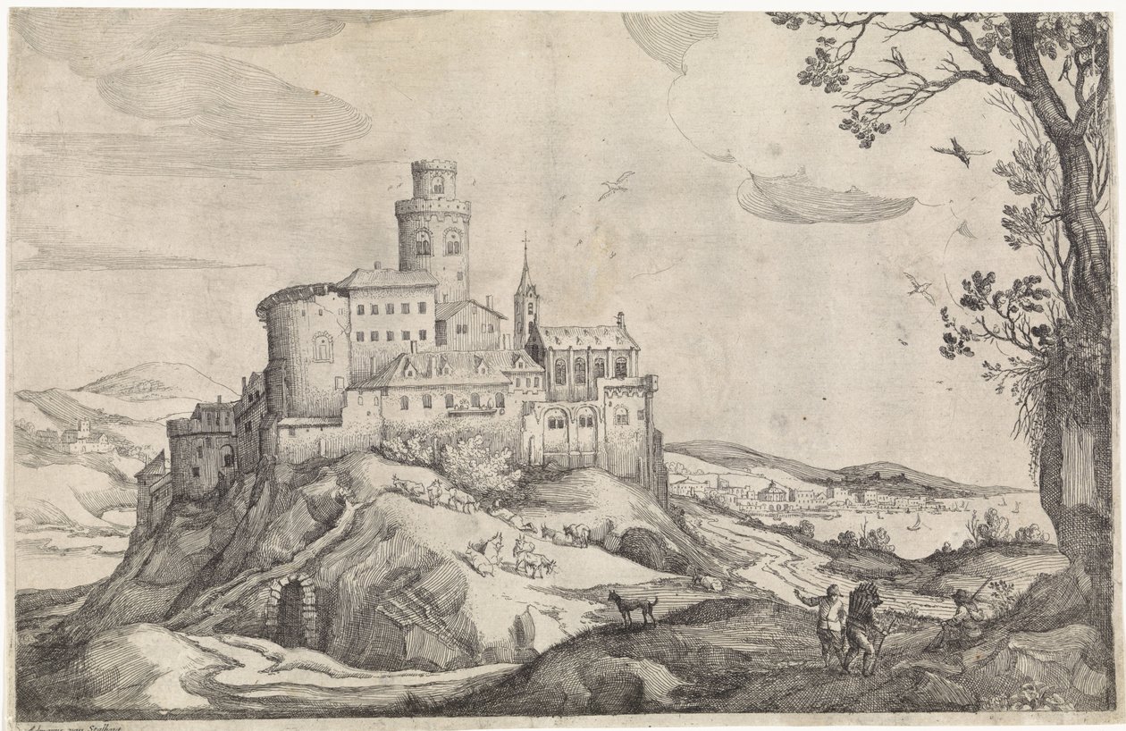 Landskap med et slott på et fjell av Adriaen van Stalbemt