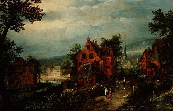Landsbylandskap med bønder av Adriaen van Stalbemt