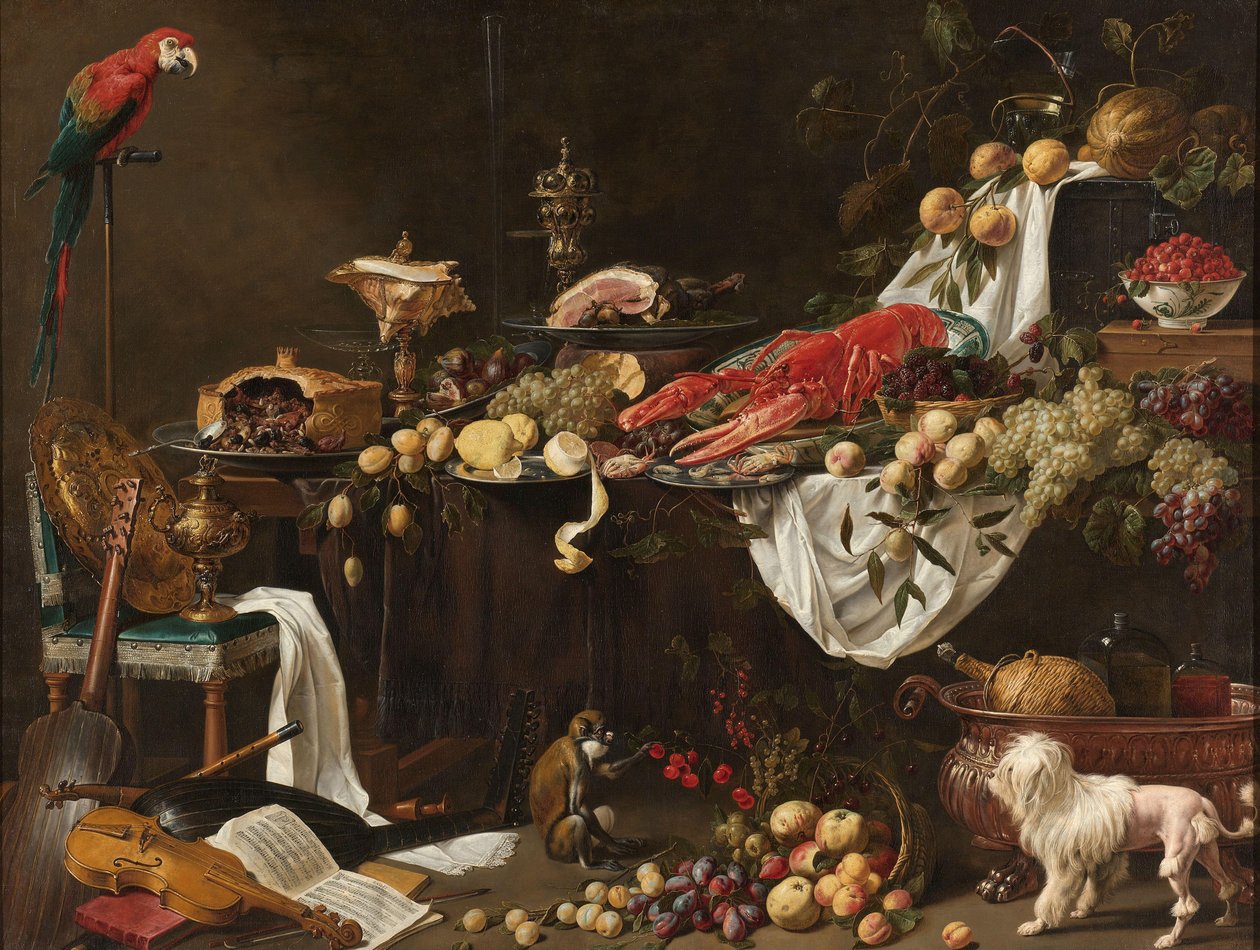 Bankett stilleben Pronk stilleben med en papegøye, hund og ape av Adriaen van Utrecht
