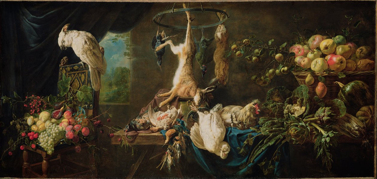 Stilleben med vilt, grønnsaker, frukt og kakaduer, 1650 av Adriaen van Utrecht