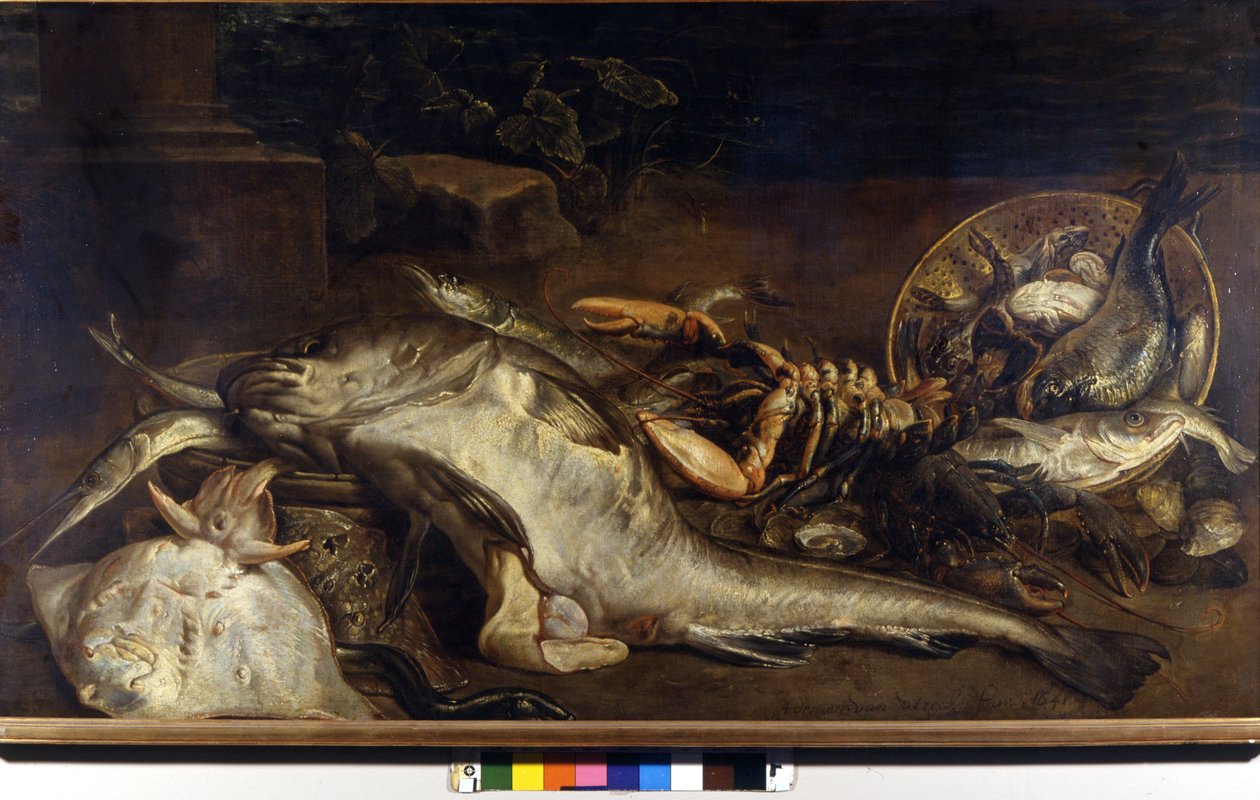 Stilleben av fisk. Maleri av Adriaen van Utrecht (1599 - 1652). Milan, CR. av Adriaen van Utrecht